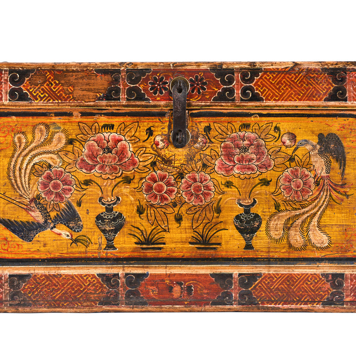 Paintowrk Detail From Antique Gansu Chest With Mongolian Painted Floral And Bird Motifs