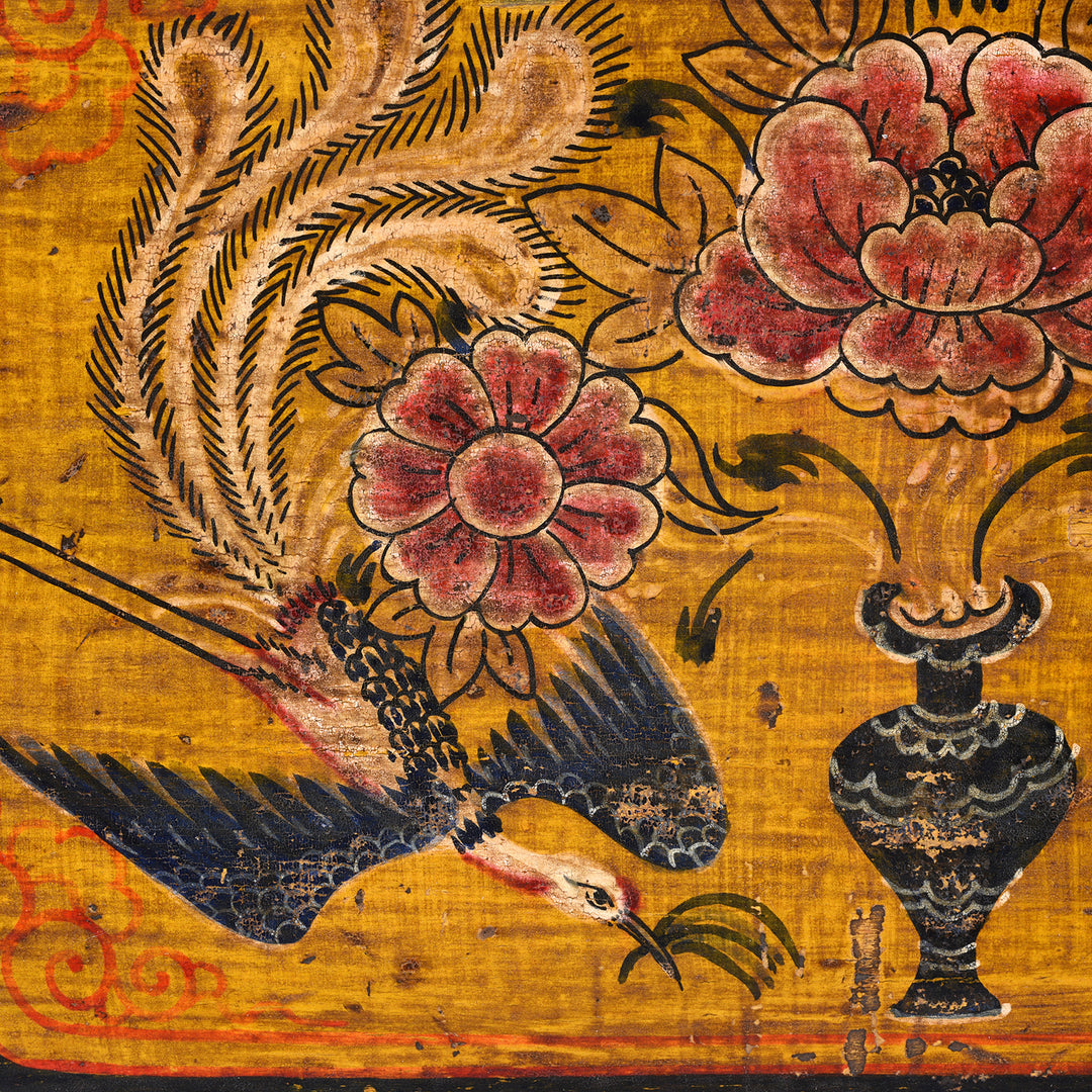 Bird Artwork Detail From Antique Gansu Chest With Mongolian Painted Floral And Bird Motifs