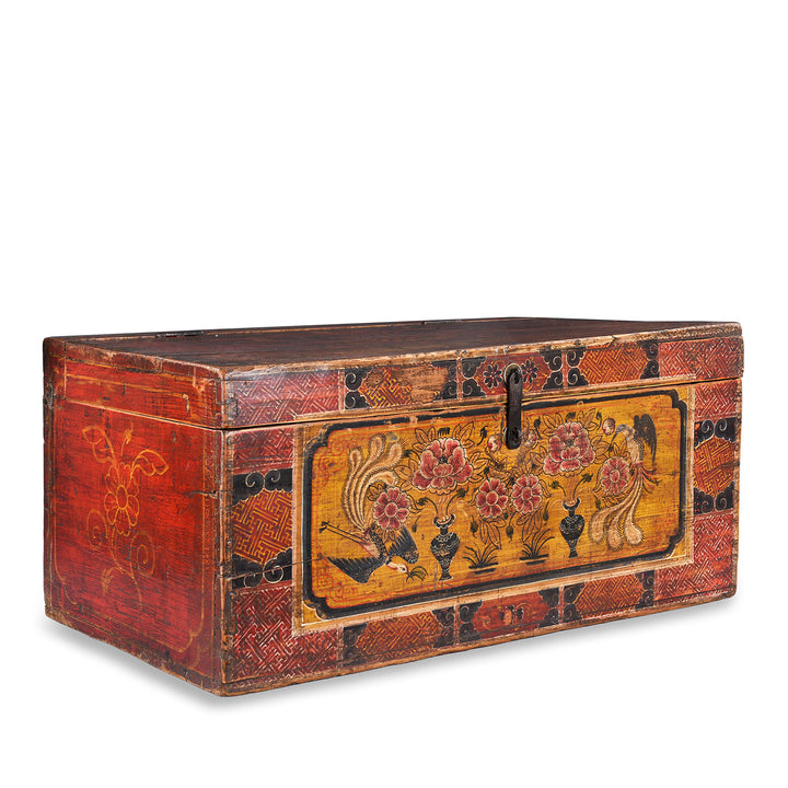 Angled VIew Of Antique Gansu Chest With Mongolian Painted Floral And Bird Motifs