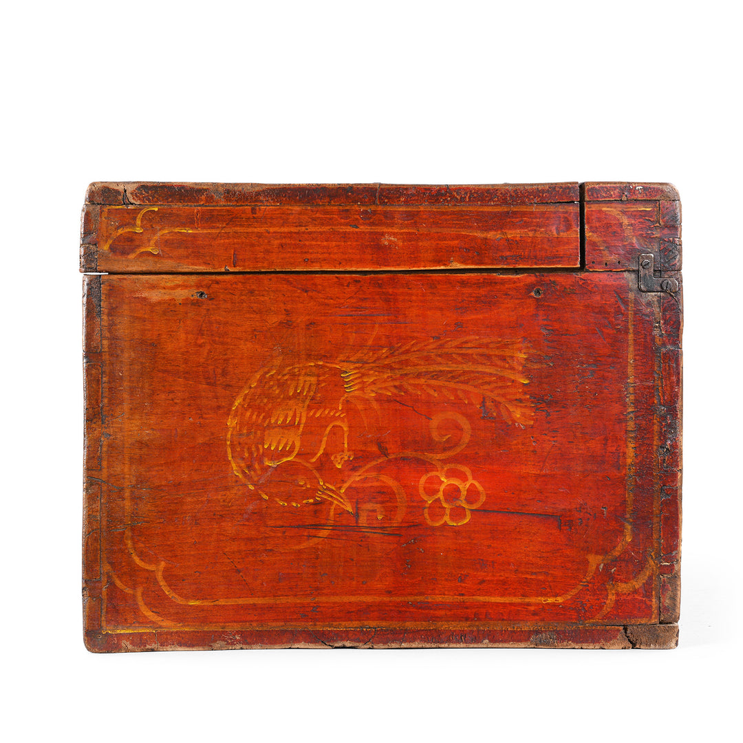 Side Paintwork From Antique Gansu Chest With Mongolian Painted Floral And Bird Motifs