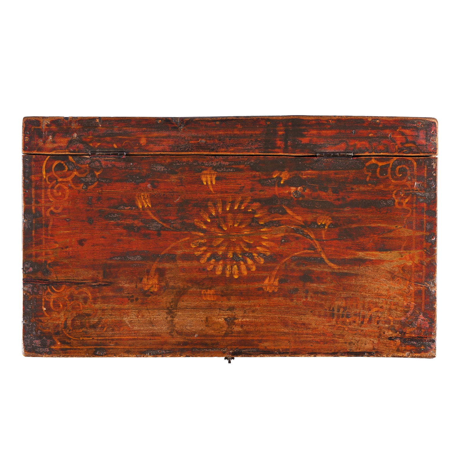 Top Down VIew Of Antique Gansu Chest With Mongolian Painted Floral And Bird Motifs