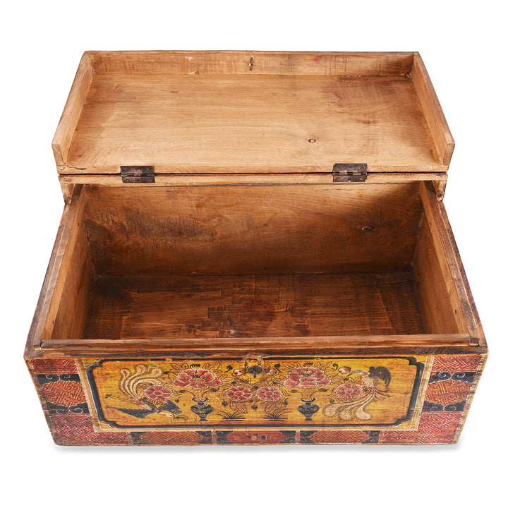 Interior Of Antique Gansu Chest With Mongolian Painted Floral And Bird Motifs