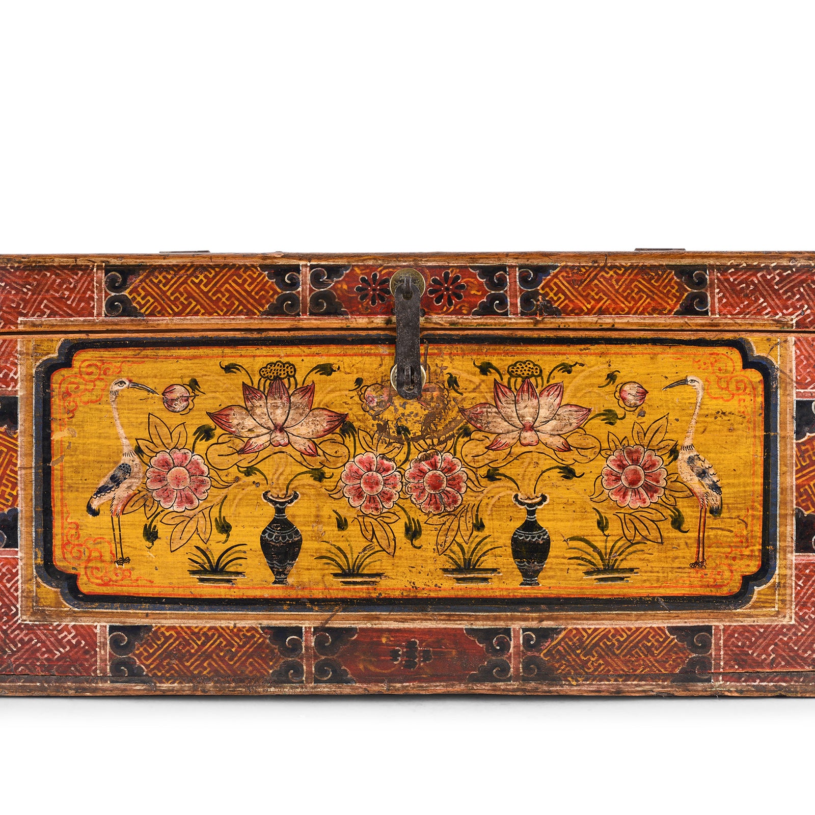 Paintwork Detail From Option 2 Antique Gansu Chest With Mongolian Painted Floral And Bird Motifs