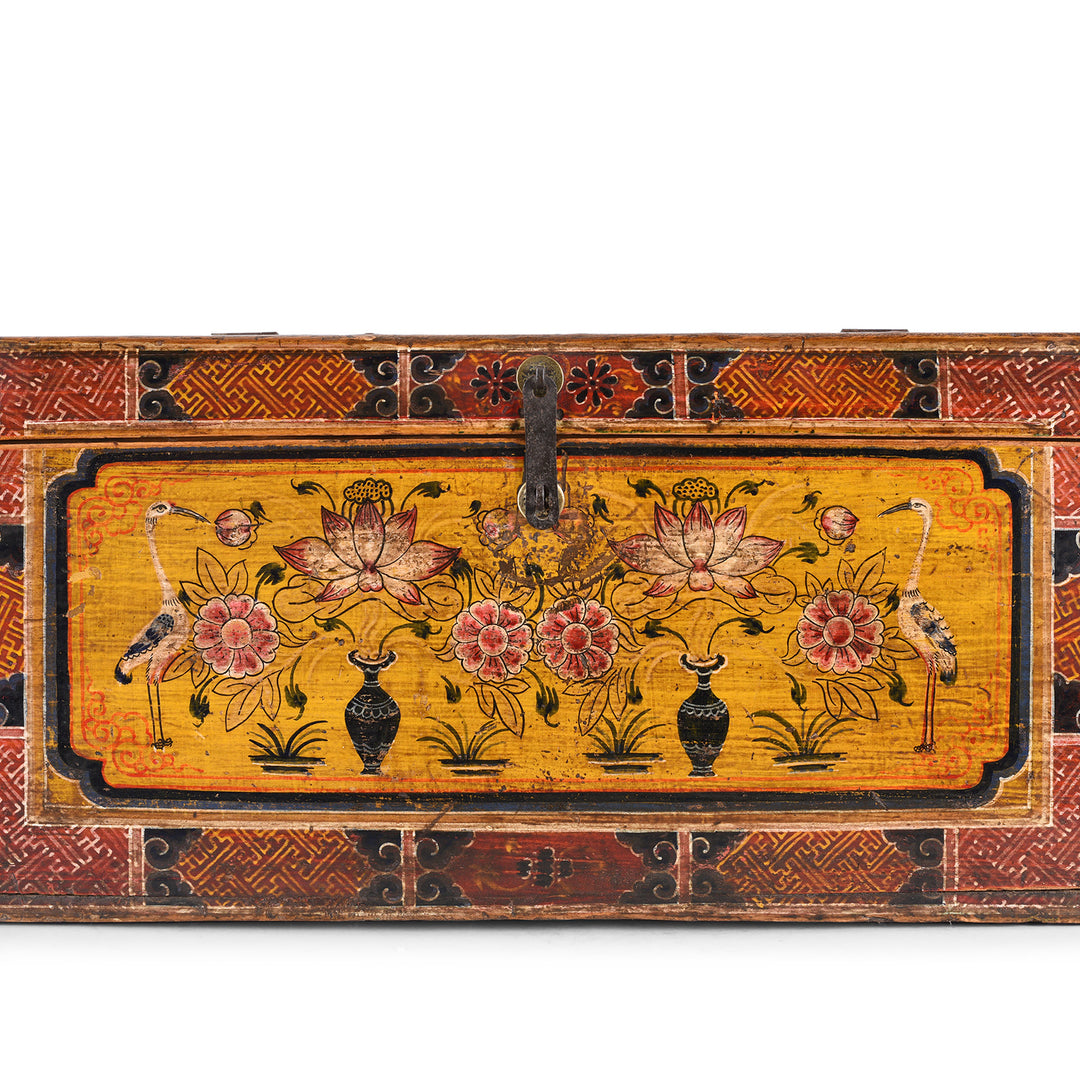 Paintwork Detail From Option 2 Antique Gansu Chest With Mongolian Painted Floral And Bird Motifs