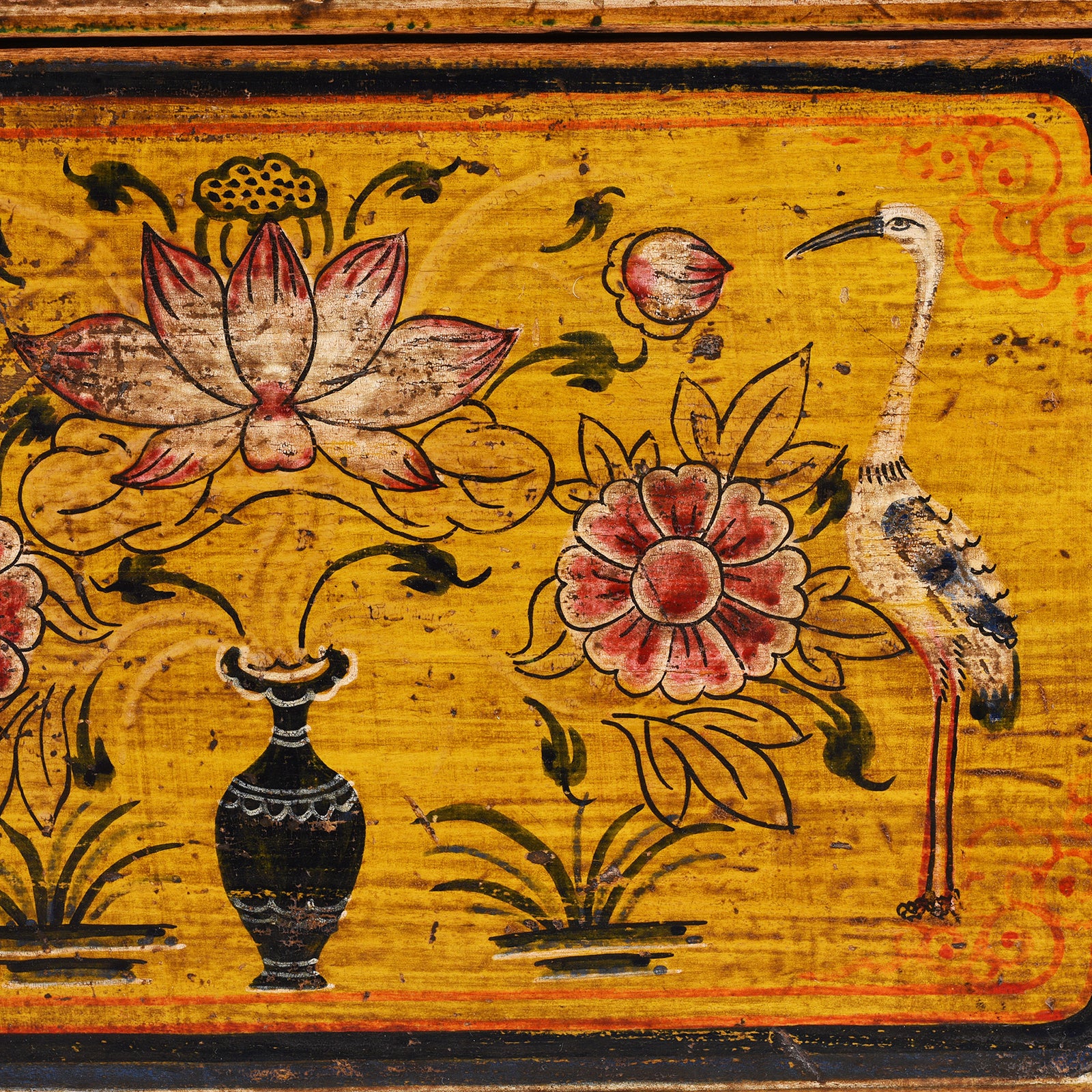 Bird Artwork Detail From Option 2 Antique Gansu Chest With Mongolian Painted Floral And Bird Motifs