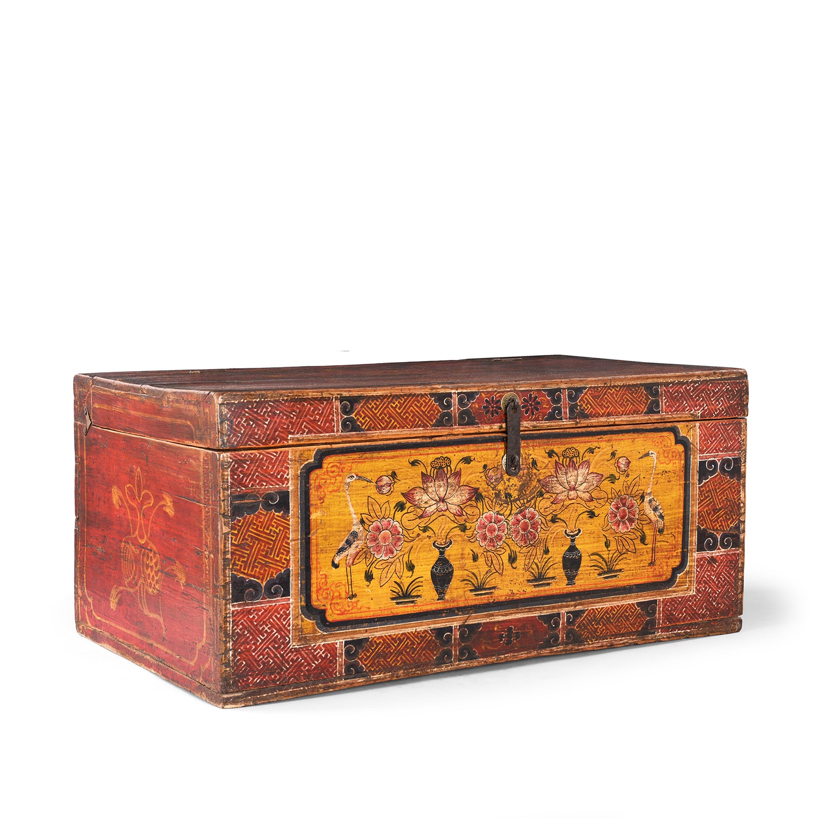 Angled VIew Of Option 2 Antique Gansu Chest With Mongolian Painted Floral And Bird Motifs