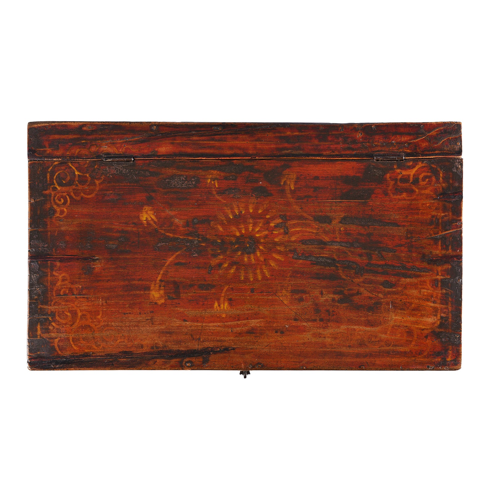 Top Down View Of Option 2 Antique Gansu Chest With Mongolian Painted Floral And Bird Motifs