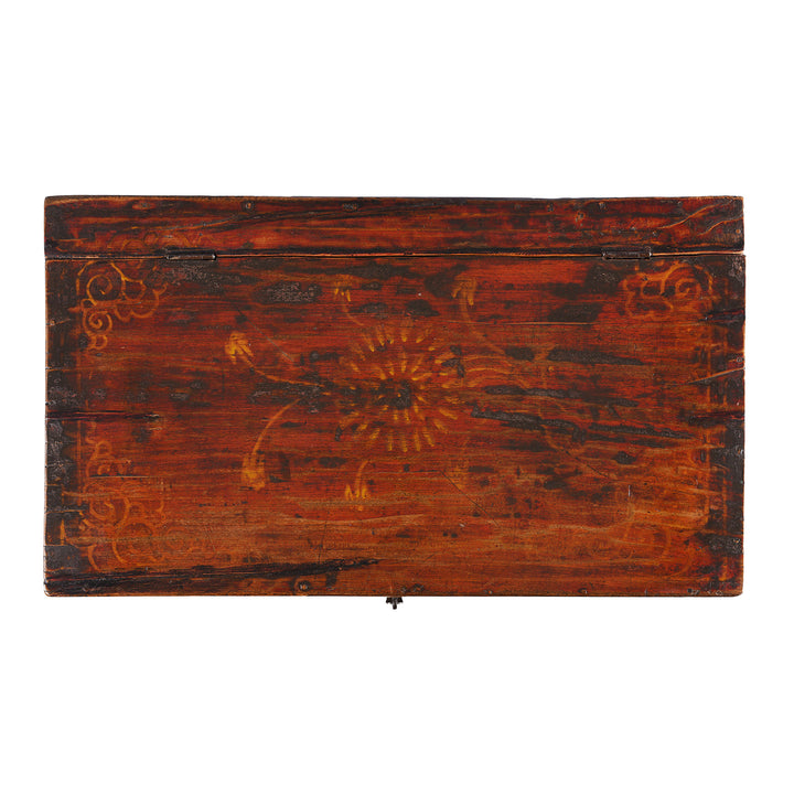 Top Down View Of Option 2 Antique Gansu Chest With Mongolian Painted Floral And Bird Motifs