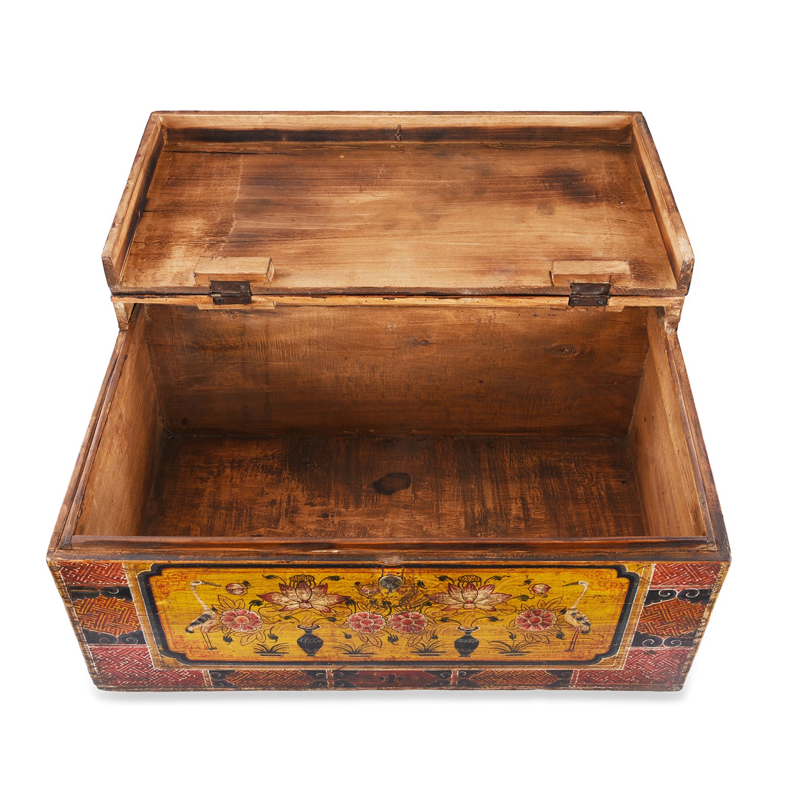 Interior Of Option 2 Antique Gansu Chest With Mongolian Painted Floral And Bird Motifs