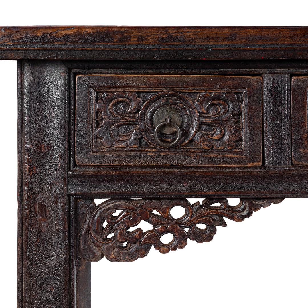 Floral Carving Detail From Carved Elm Shanxi Altar Table With Floral Drawers And Dark Patinated Lacquer | Indigo Antiques