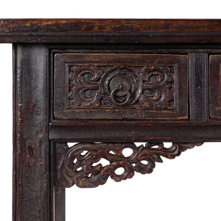 Floral Carving Detail From Carved Elm Shanxi Altar Table With Floral Drawers And Dark Patinated Lacquer | Indigo Antiques