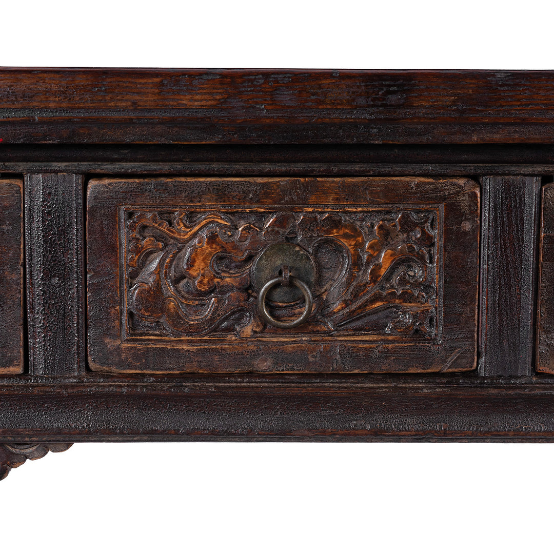 Drawer Carving Detail From Carved Elm Shanxi Altar Table With Floral Drawers And Dark Patinated Lacquer | Indigo Antiques