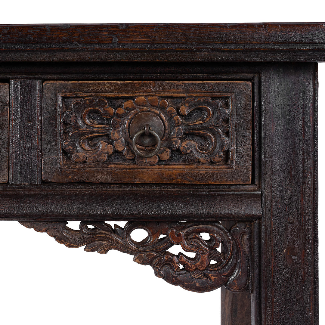 Floral Carving Detail From Carved Elm Shanxi Altar Table With Floral Drawers And Dark Patinated Lacquer | Indigo Antiques