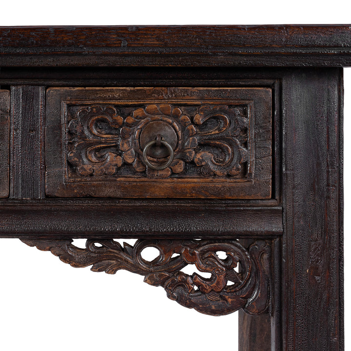 Floral Carving Detail From Carved Elm Shanxi Altar Table With Floral Drawers And Dark Patinated Lacquer | Indigo Antiques