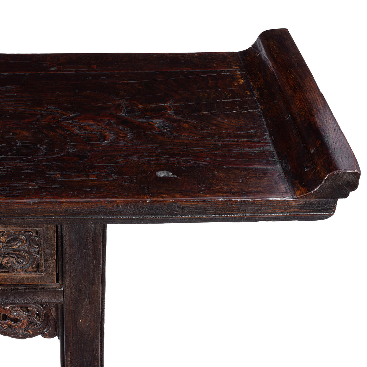 Surface Detail From Carved Elm Shanxi Altar Table With Floral Drawers And Dark Patinated Lacquer | Indigo Antiques