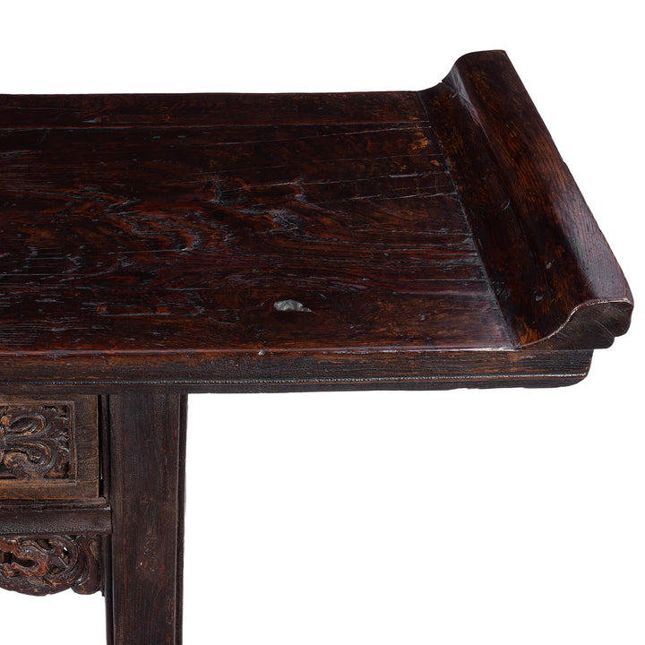 Surface Detail From Carved Elm Shanxi Altar Table With Floral Drawers And Dark Patinated Lacquer | Indigo Antiques