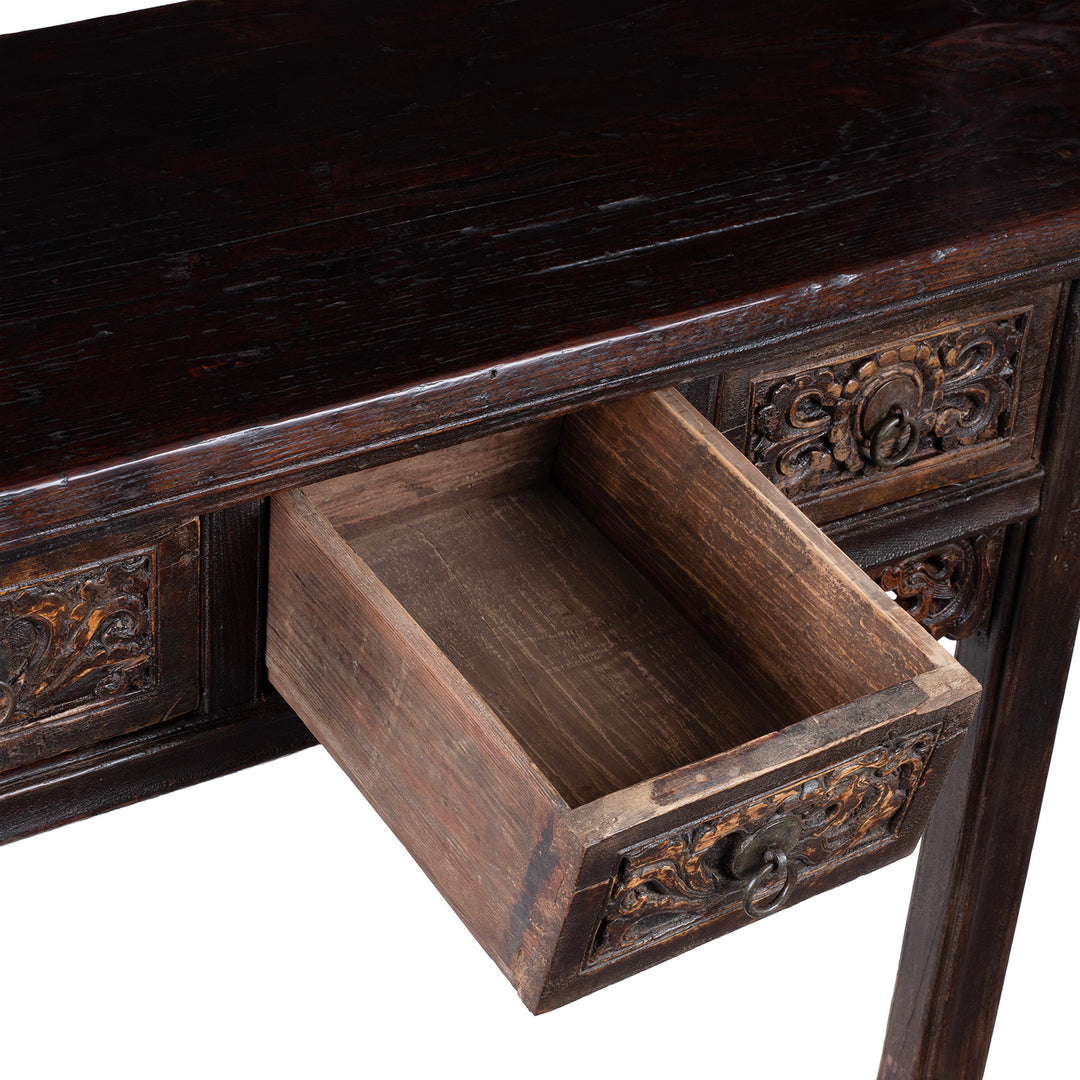 Drawer Interior View Of Carved Elm Shanxi Altar Table With Floral Drawers And Dark Patinated Lacquer | Indigo Antiques