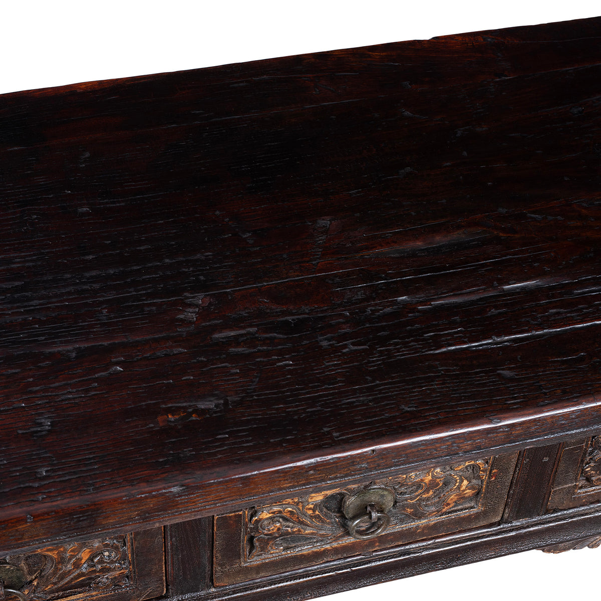 Surface Detail From Carved Elm Shanxi Altar Table With Floral Drawers And Dark Patinated Lacquer | Indigo Antiques