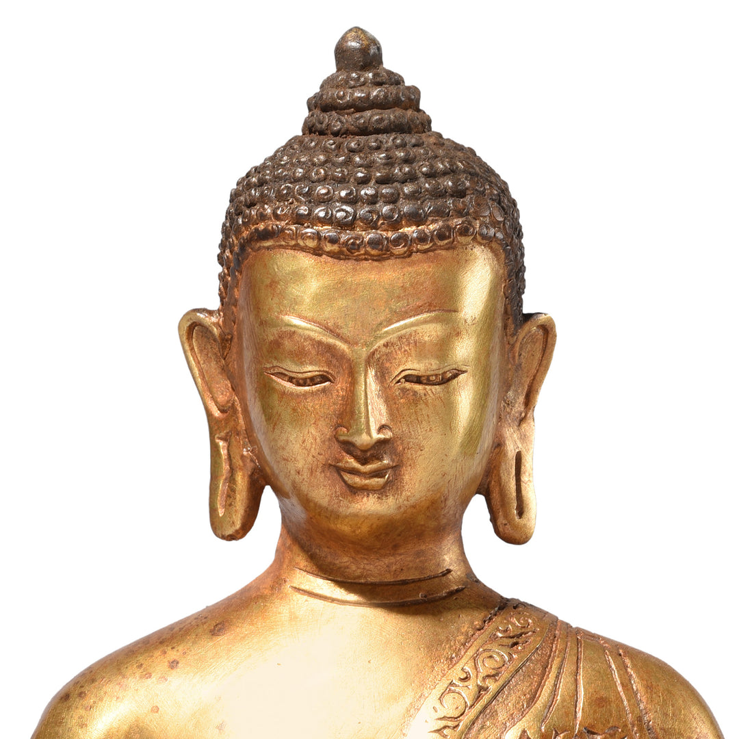 Face Detail From Gilt Brass Sitting Buddha - Bhumisparsha Mudra | Indigo Antiques