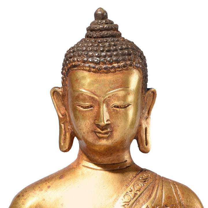 Face Detail From Gilt Brass Sitting Buddha - Bhumisparsha Mudra | Indigo Antiques