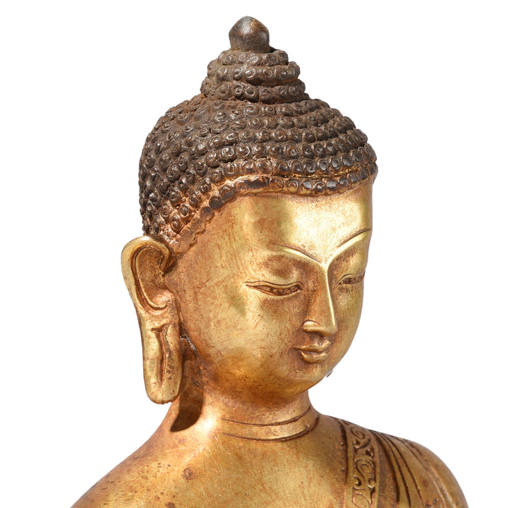 Face Detail From Gilt Brass Sitting Buddha - Bhumisparsha Mudra | Indigo Antiques