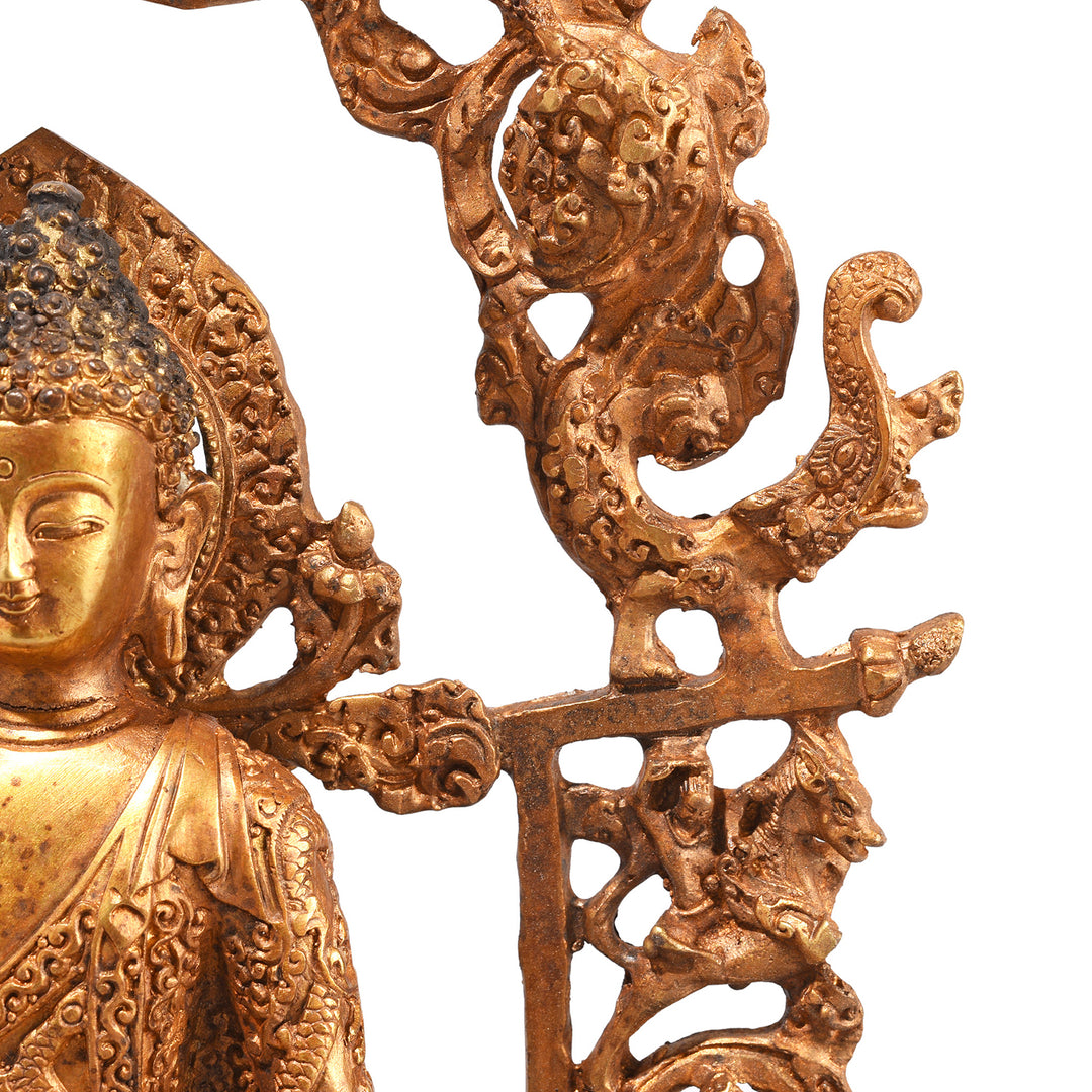 Backrest Detail From Gilt Brass Sitting Buddha - Bhumisparsha Mudra | Indigo Antiques
