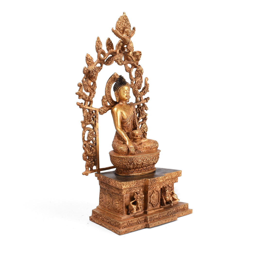 Angled VIew Of Gilt Brass Sitting Buddha - Bhumisparsha Mudra | Indigo Antiques