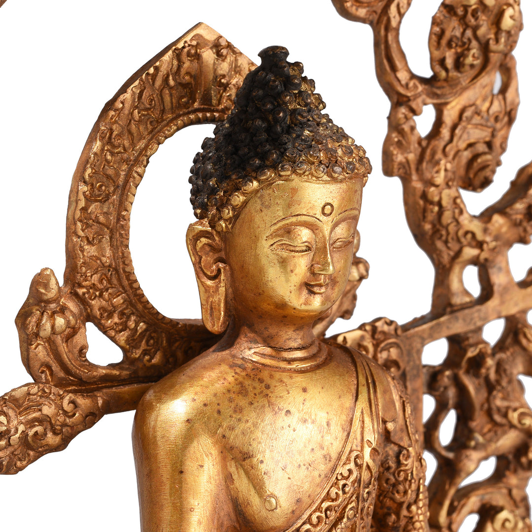 Face Detail From Gilt Brass Sitting Buddha - Bhumisparsha Mudra | Indigo Antiques