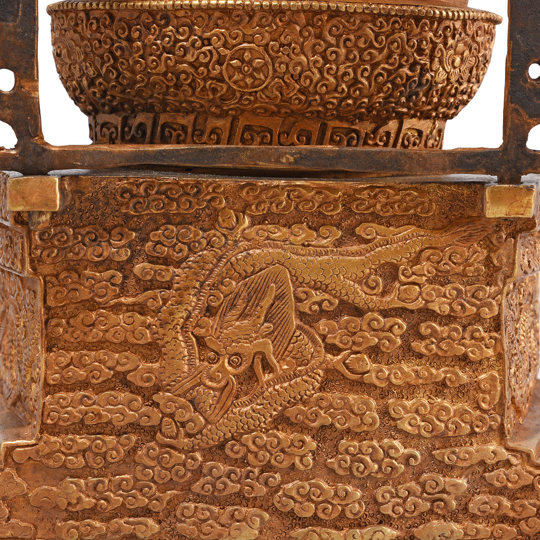 Dragon Detail From Back Of Gilt Brass Sitting Buddha - Bhumisparsha Mudra | Indigo Antiques