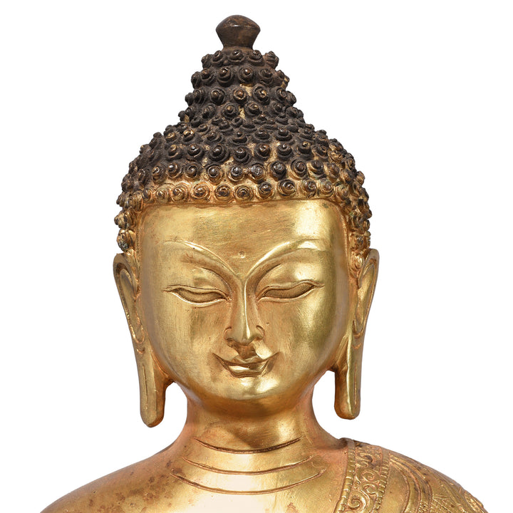 Face Detail From Gilt Brass Sitting Buddha - Bhumisparsha Mudra | Indigo Antiques