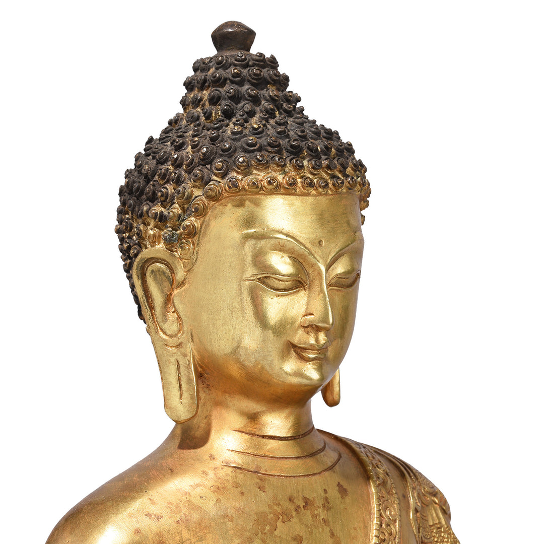 Face Detail From Gilt Brass Sitting Buddha - Bhumisparsha Mudra | Indigo Antiques