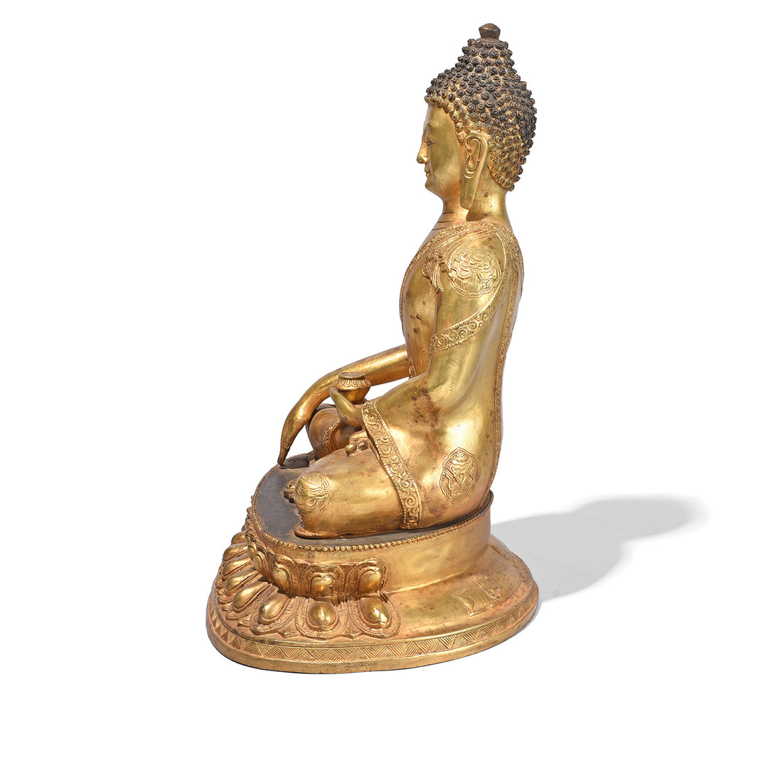 Side View Of Gilt Brass Sitting Buddha - Bhumisparsha Mudra | Indigo Antiques