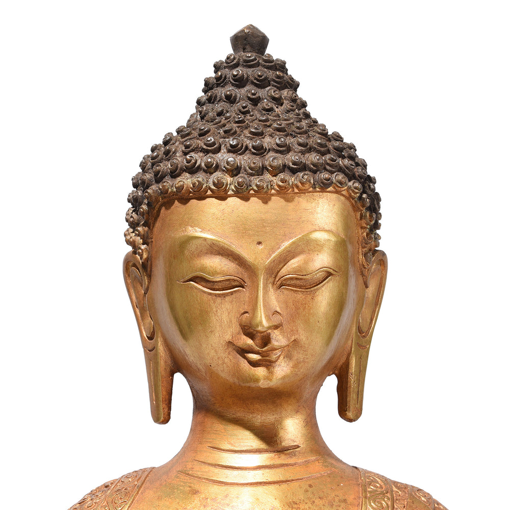 Face Detail From Gilt Brass Sitting Buddha - Bhumisparsha Mudra | Indigo Antiques