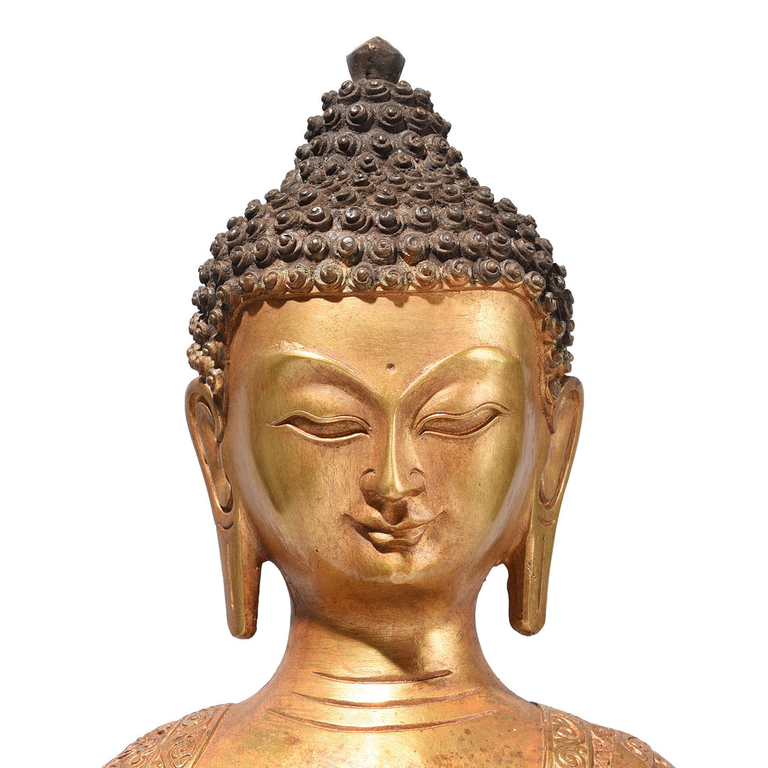 Face Detail From Gilt Brass Sitting Buddha - Bhumisparsha Mudra | Indigo Antiques