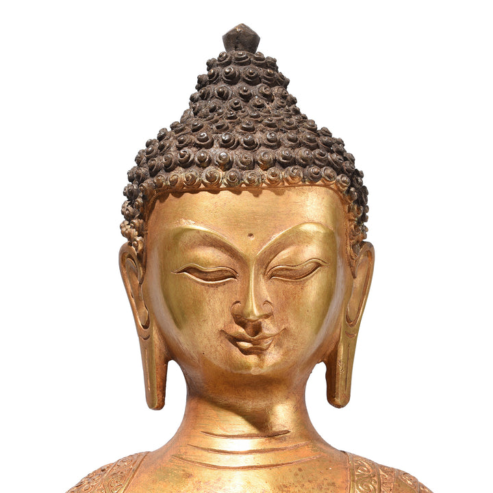 Face Detail From Gilt Brass Sitting Buddha - Bhumisparsha Mudra | Indigo Antiques