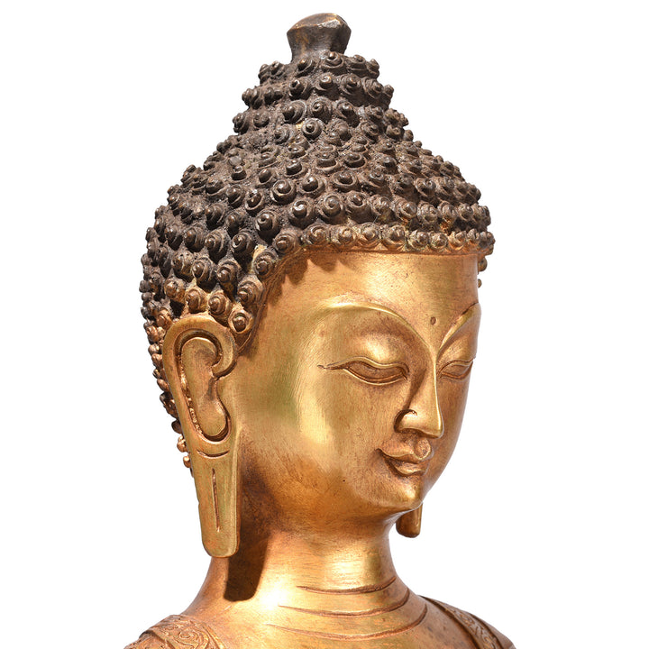 Portrait Detail From Gilt Brass Sitting Buddha - Bhumisparsha Mudra | Indigo Antiques

