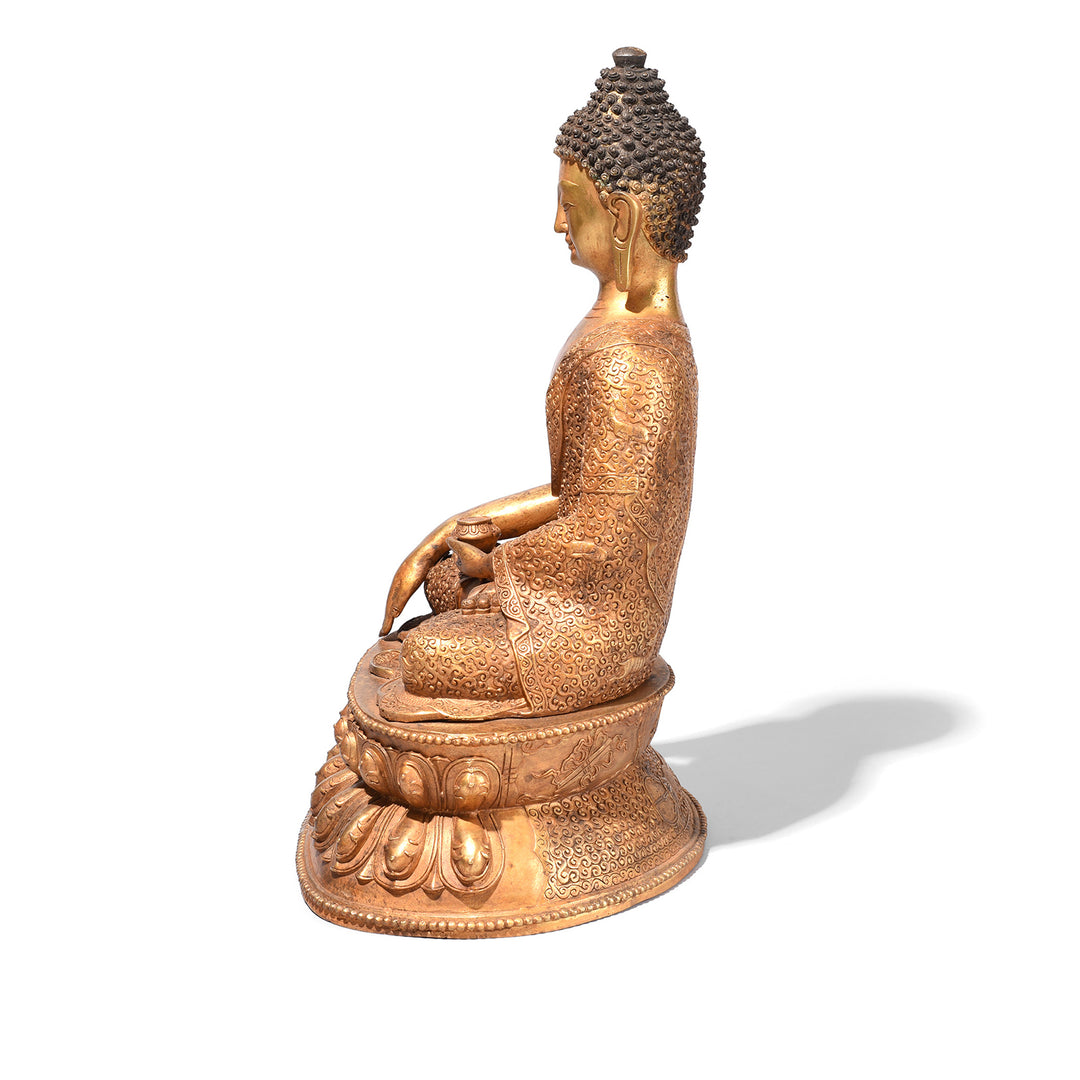 Side View Of Gilt Brass Sitting Buddha - Bhumisparsha Mudra | Indigo Antiques