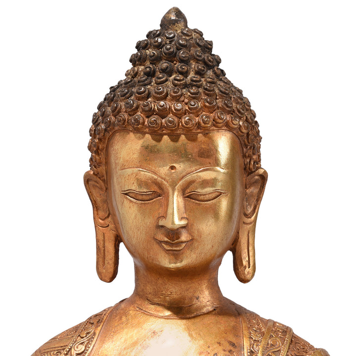 Face Detail From Gilt Brass Sitting Buddha - Bhumisparsha Mudra | Indigo Antiques
