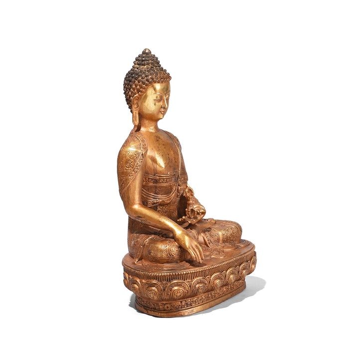 Angled View Of Gilt Brass Sitting Buddha - Bhumisparsha Mudra | Indigo Antiques