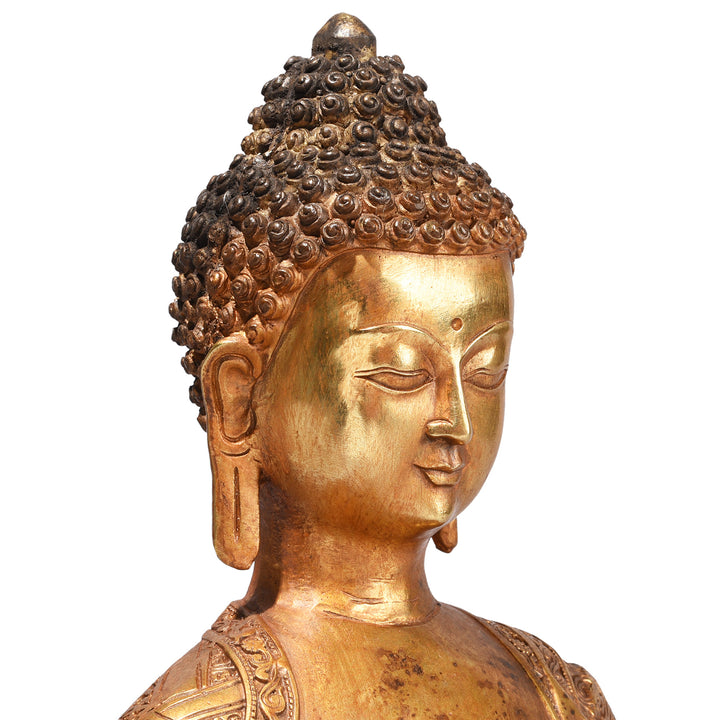 Face Detail From Gilt Brass Sitting Buddha - Bhumisparsha Mudra | Indigo Antiques
