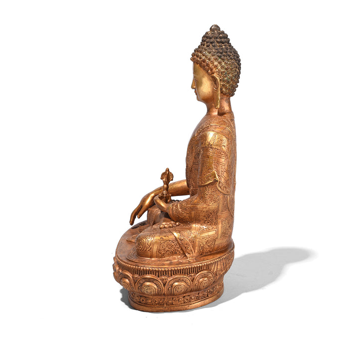 Side View Of Gilt Brass Sitting Buddha - Bhumisparsha Mudra | Indigo Antiques