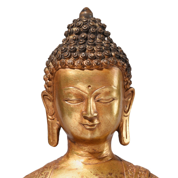 Face Detail From Gilt Brass Sitting Buddha - Dhyana Mudra | Indigo Antiques