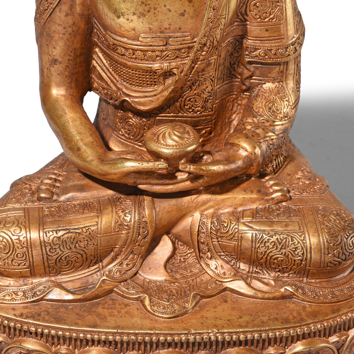 Alms Bowl Detail From Gilt Brass Sitting Buddha - Dhyana Mudra | Indigo Antiques