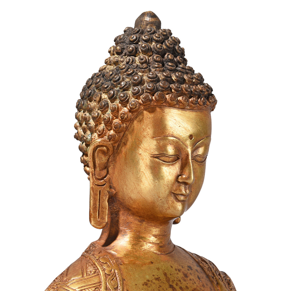 Face Detail From Gilt Brass Sitting Buddha - Dhyana Mudra | Indigo Antiques