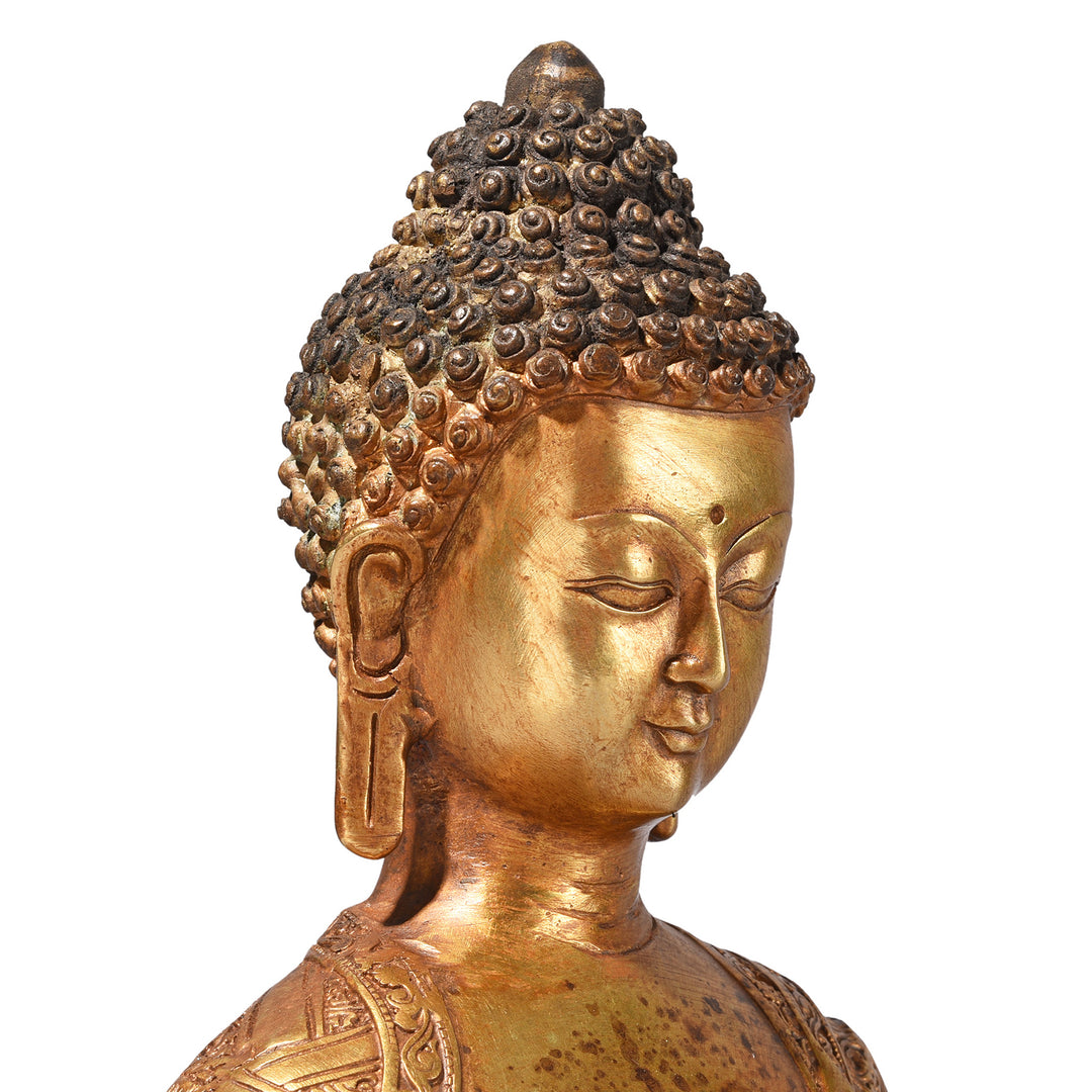 Face Detail From Gilt Brass Sitting Buddha - Dhyana Mudra | Indigo Antiques