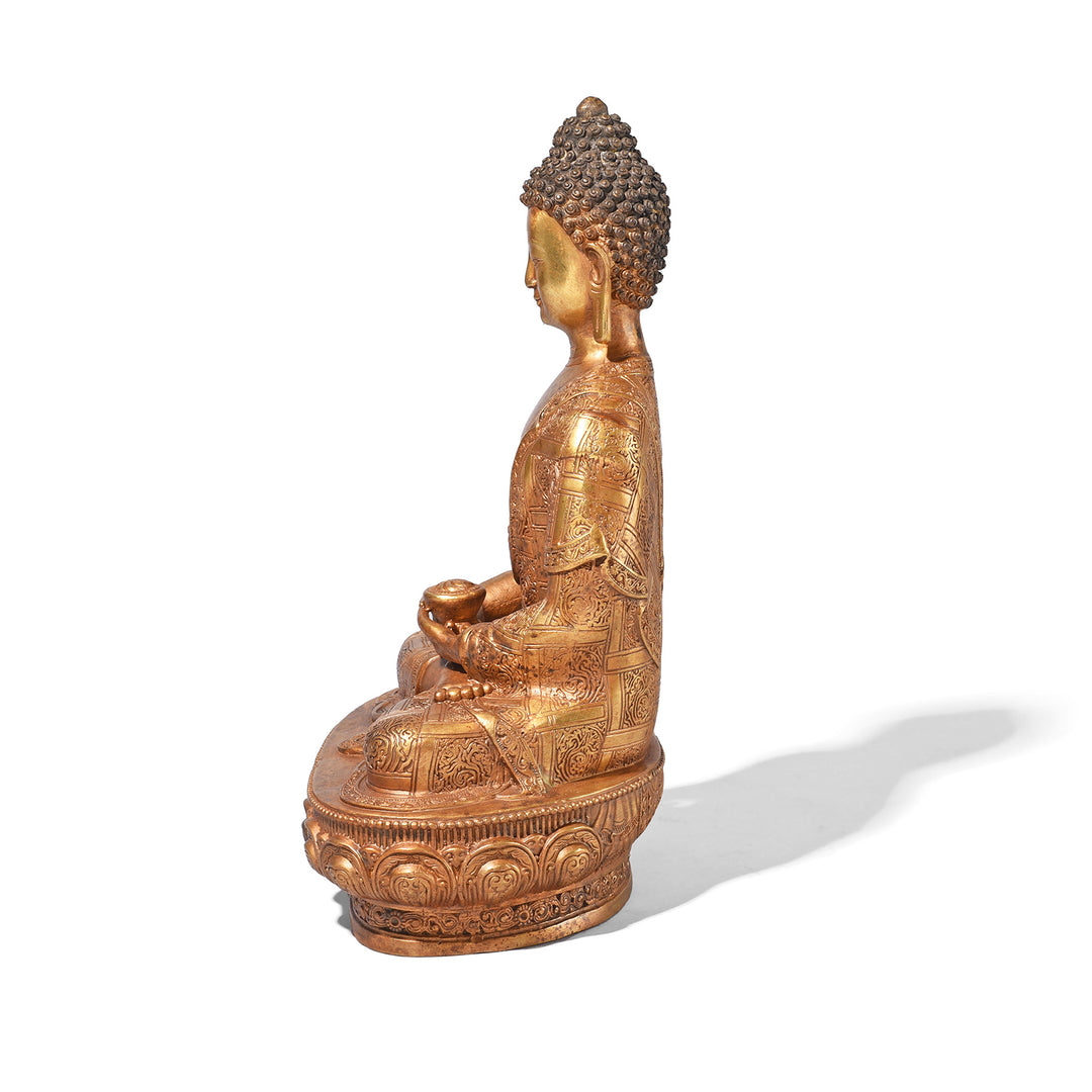 Side View Of Gilt Brass Sitting Buddha - Dhyana Mudra | Indigo Antiques