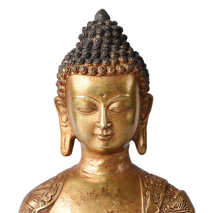 Face Detail From Gilt Brass Buddha - Varada Mudra | Indigo Antiques