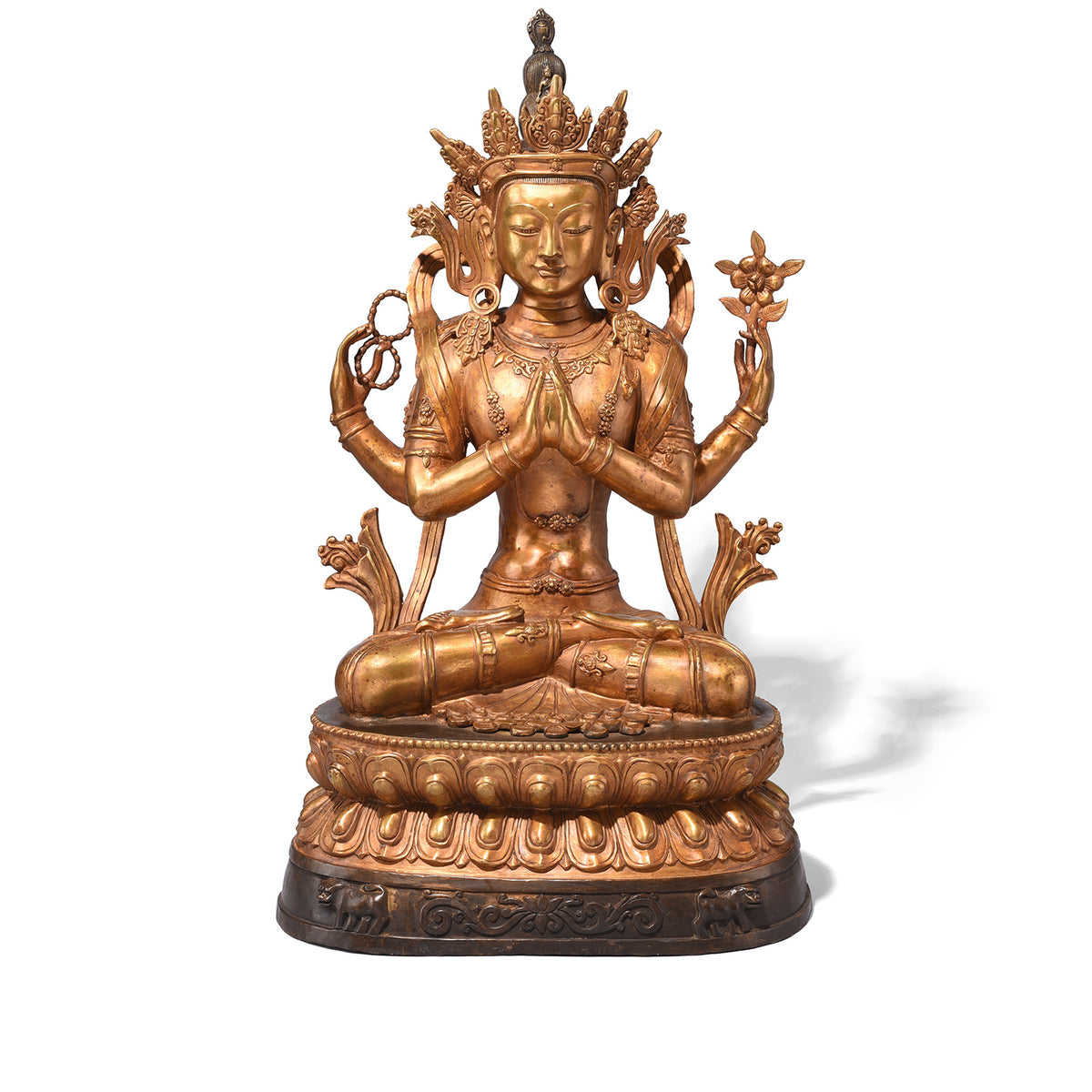 Gilt Nepalese Bronze Four Armed Chenrezig (Avalokiteśvara) Statue, Reproduction | Indigo Antiques