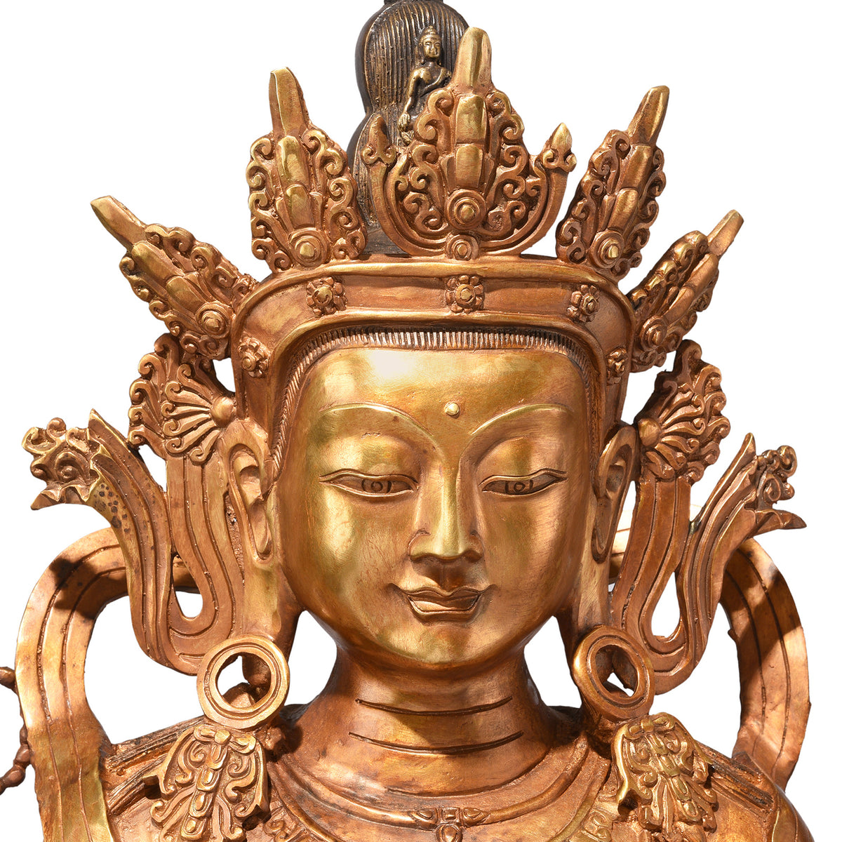 Face of the Gilt Nepalese Bronze Four Armed Chenrezig (Avalokiteśvara) Statue, Reproduction | Indigo Antiques