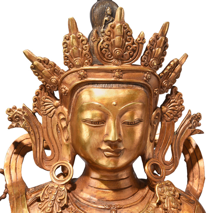 Face of the Gilt Nepalese Bronze Four Armed Chenrezig (Avalokiteśvara) Statue, Reproduction | Indigo Antiques